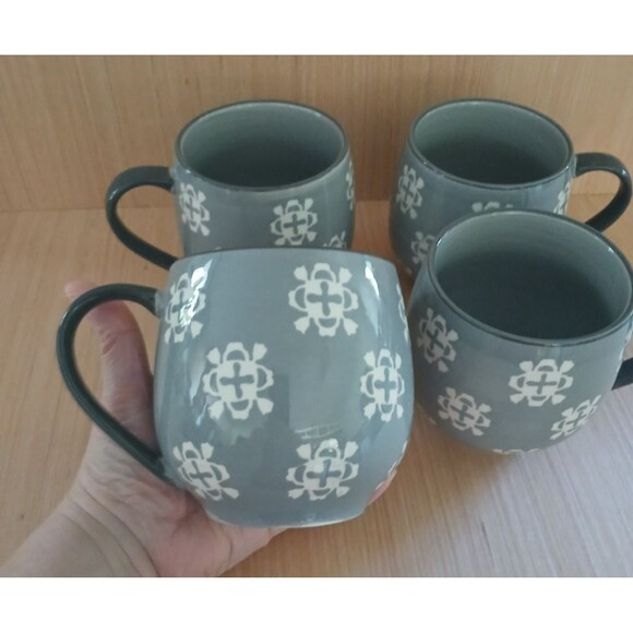 Baum Bros Phara Stoneware Pot Belly Mugs Gray Large 20 OZ Set Of 4 Micro Safe - Picture 3 of 12